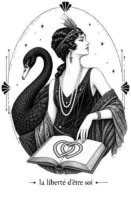 Ex-libris d'Anne Biotteau : une femme des années vingt, un cygne noir et un livre ouvert, avec la devise la liberté d'être soi