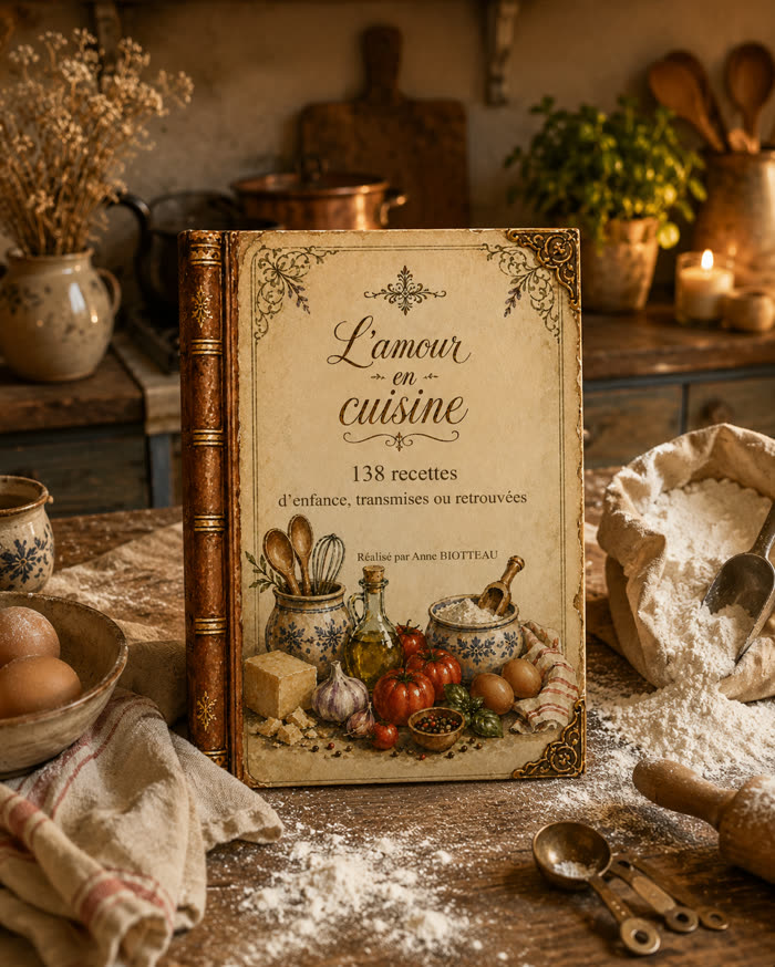 Le livre L'amour en cuisine, 138 recettes de famille, posé dans une cuisine