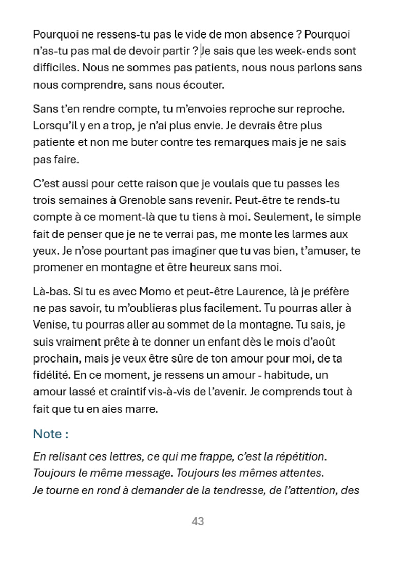 Page intérieure de L'amour ne suffit pas : une lettre retrouvée, suivie d'une note en italique
