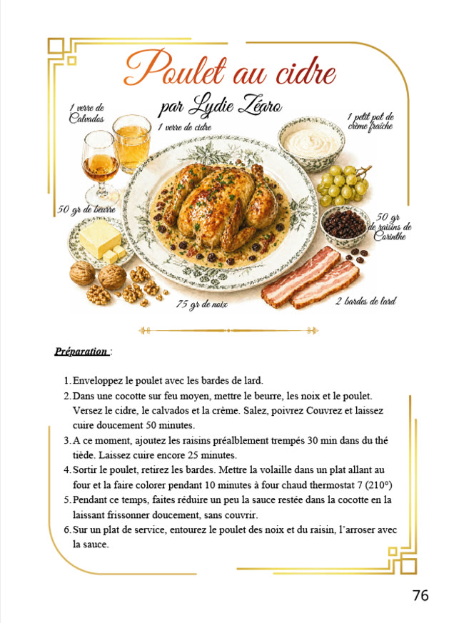 Page du livre de recettes : le poulet au cidre, ingrédients illustrés et préparation