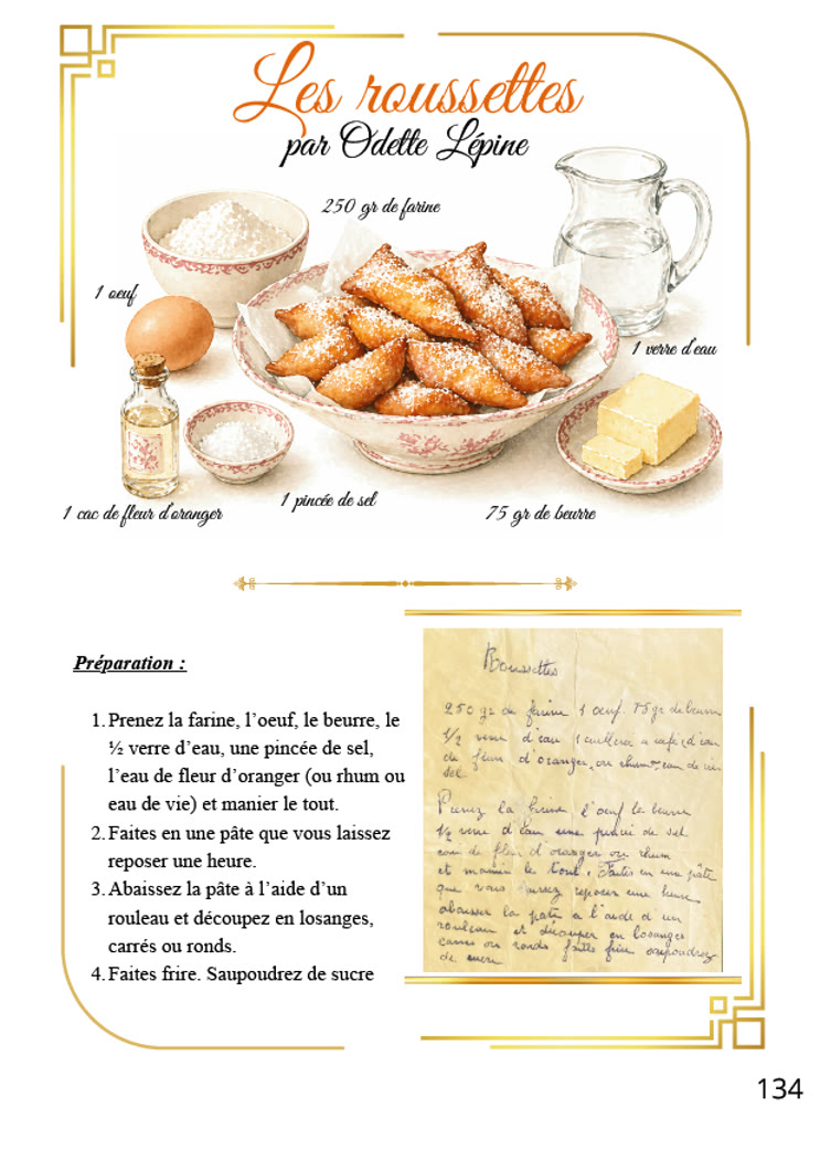 Page du livre de recettes : les roussettes d'Odette Lépine, illustrées, avec la photographie de la recette manuscrite d'origine