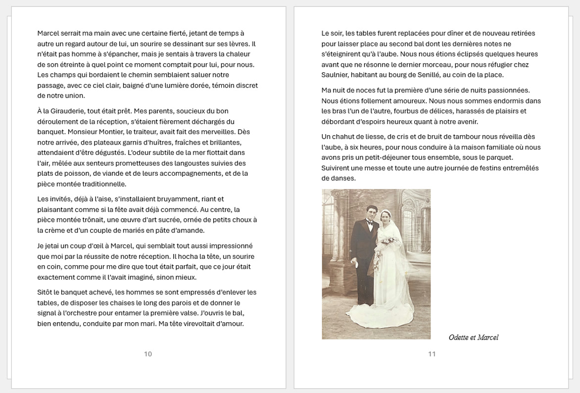 Double page du livre Odette et Marcel : le récit du mariage et la photographie des mariés